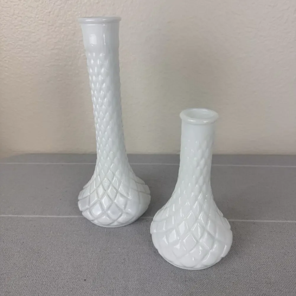 Vintage Hoosier Milk Glass Vase Set Of 2 Quilted Diamond White 6” 4062/9” 4092